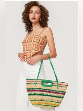 Maje Striped Raffia Basket Bag in the "Casino Green" Summer Stripe Beach Bag